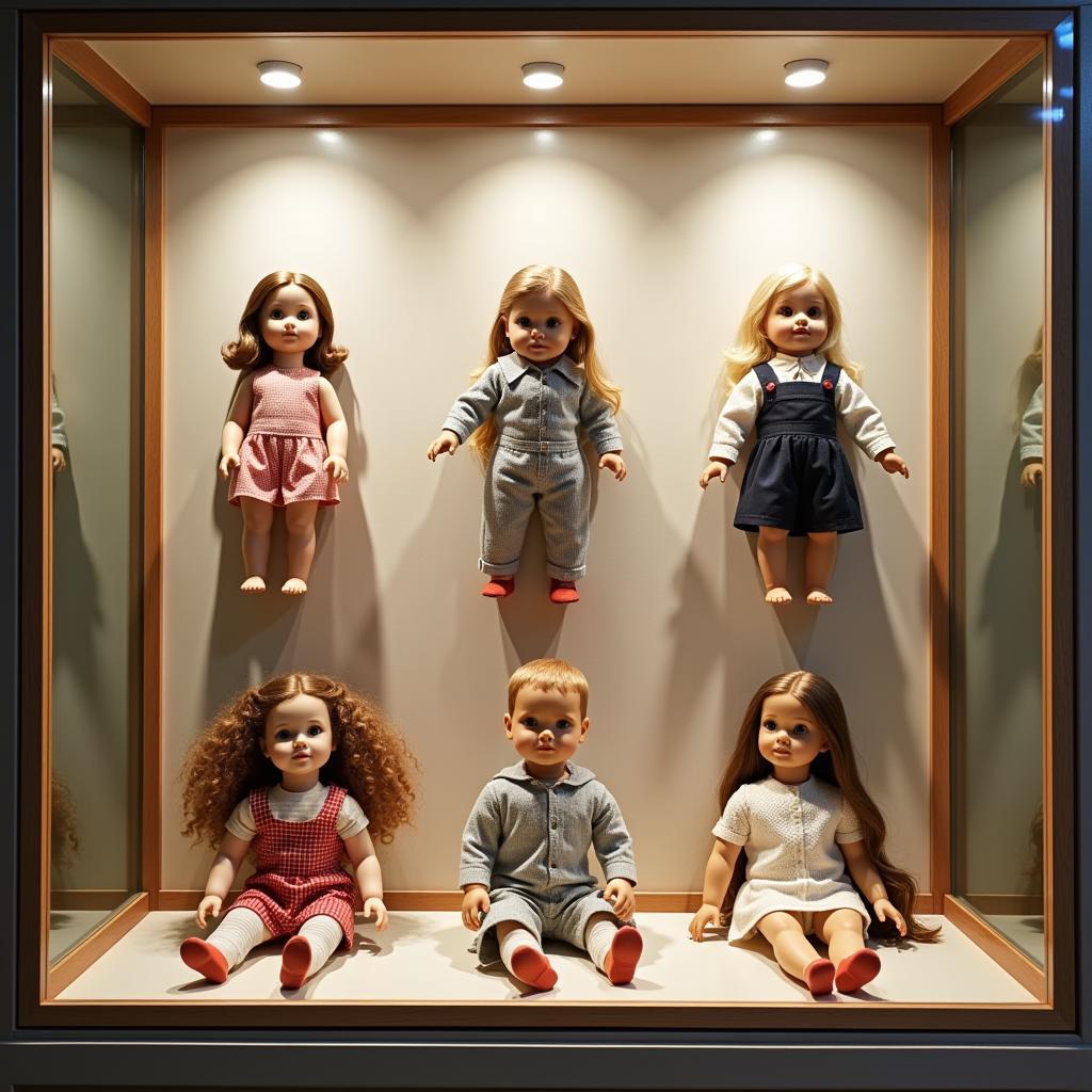 Various world gallery dolls arranged in a display case with proper lighting and background