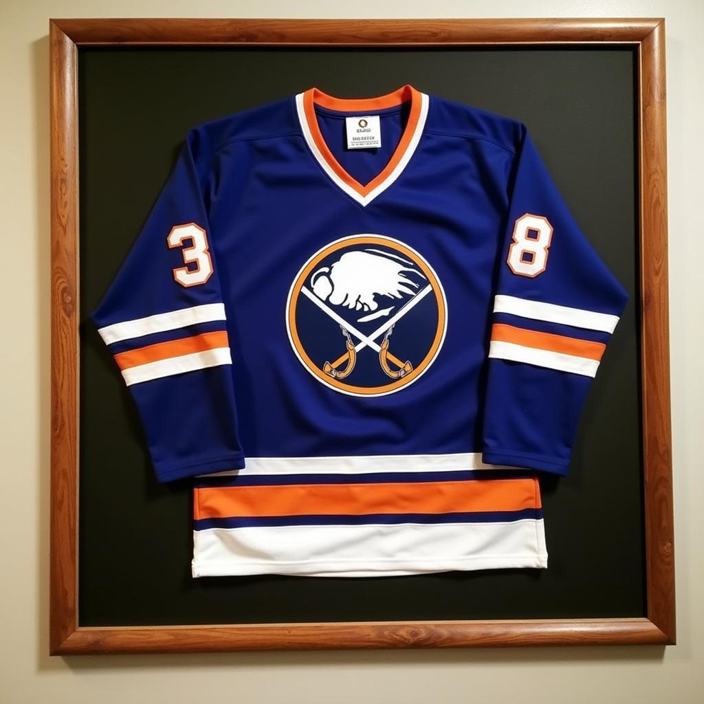  A framed Buffalo Sabres jersey proudly displayed on a wall