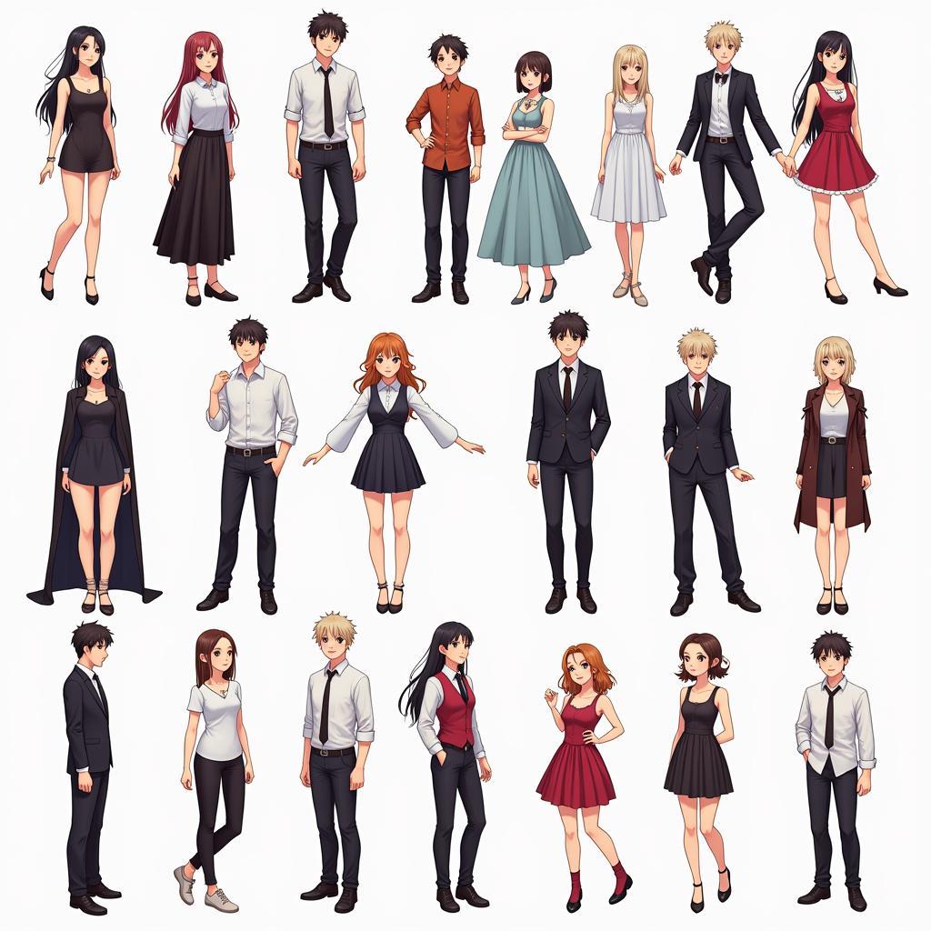 A diverse cast of characters from various dating sims, showcasing different personalities, appearances, and relationship dynamics