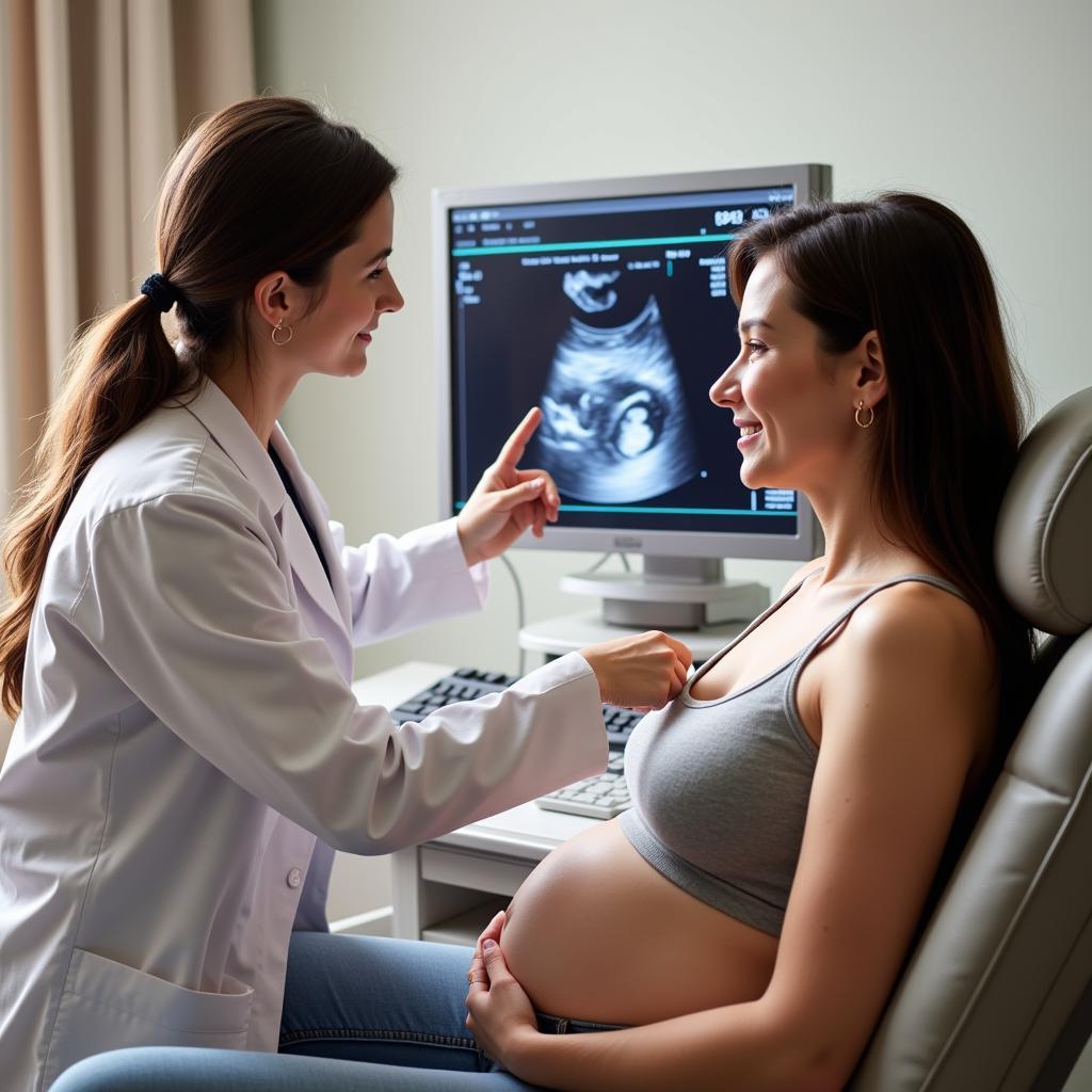 Obstetrician conducting an ultrasound on a pregnant woman