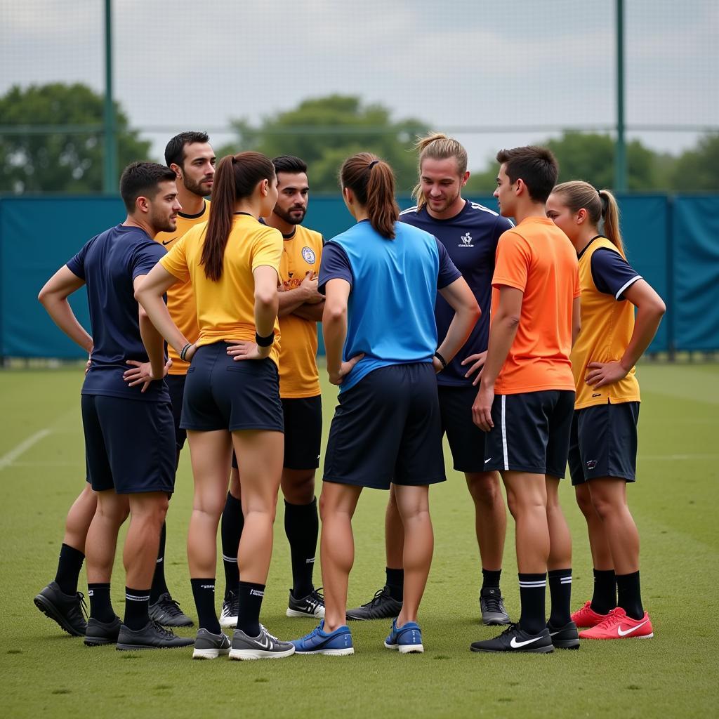 A team huddles to discuss their dodgeball strategy