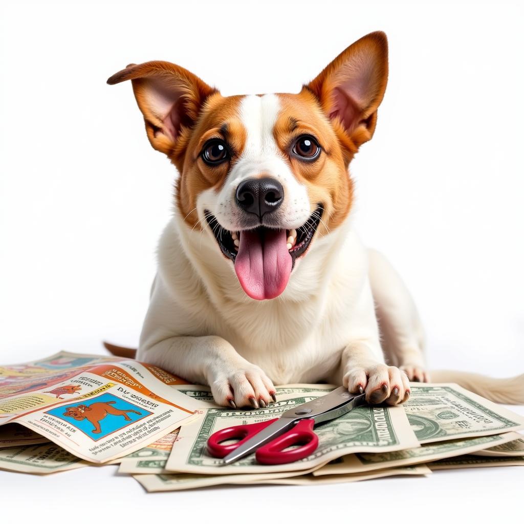 A dog looking excitedly at a pile of coupons and a pair of scissors