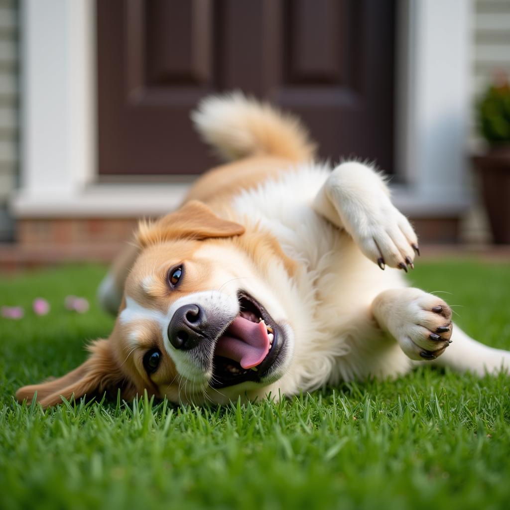 Dog happily playing on porch grass