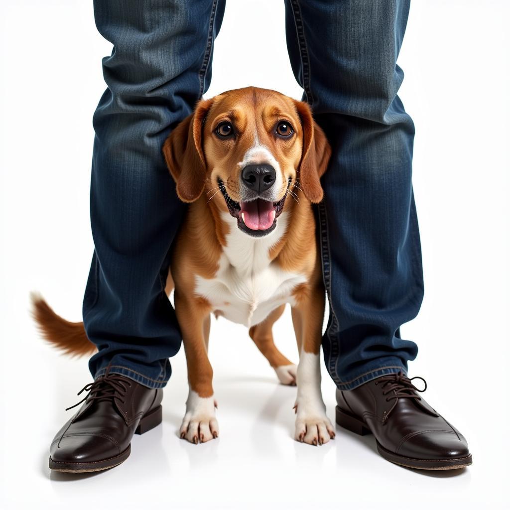 Dog hiding behind owner's legs