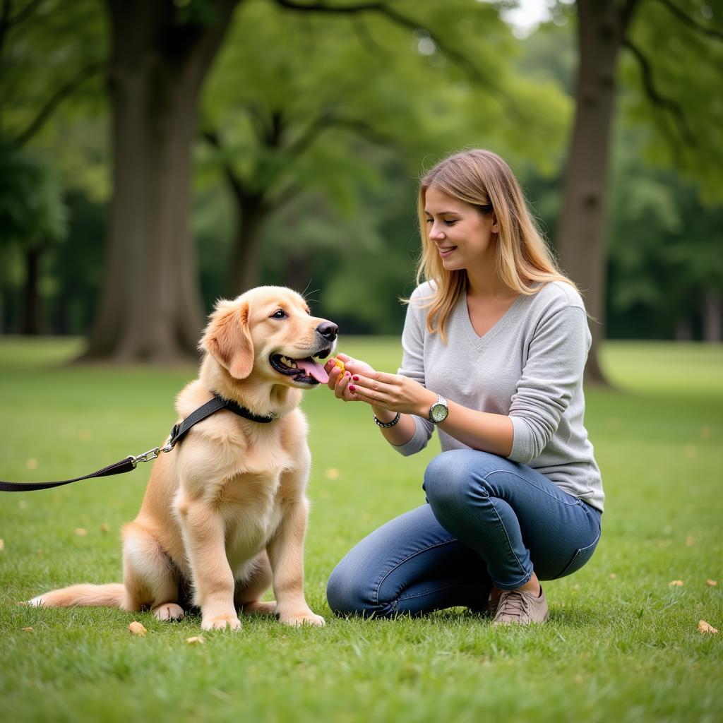 Dog on a leash being trained by its owner