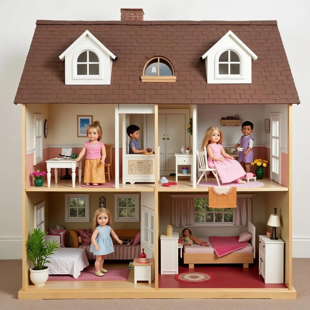 A detailed dollhouse with miniature furniture and a family of dolls.