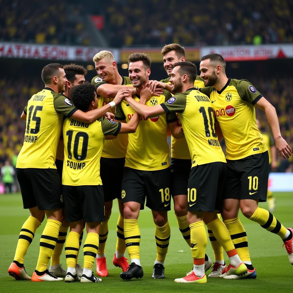 Dortmund players celebrating a goal against Leverkusen