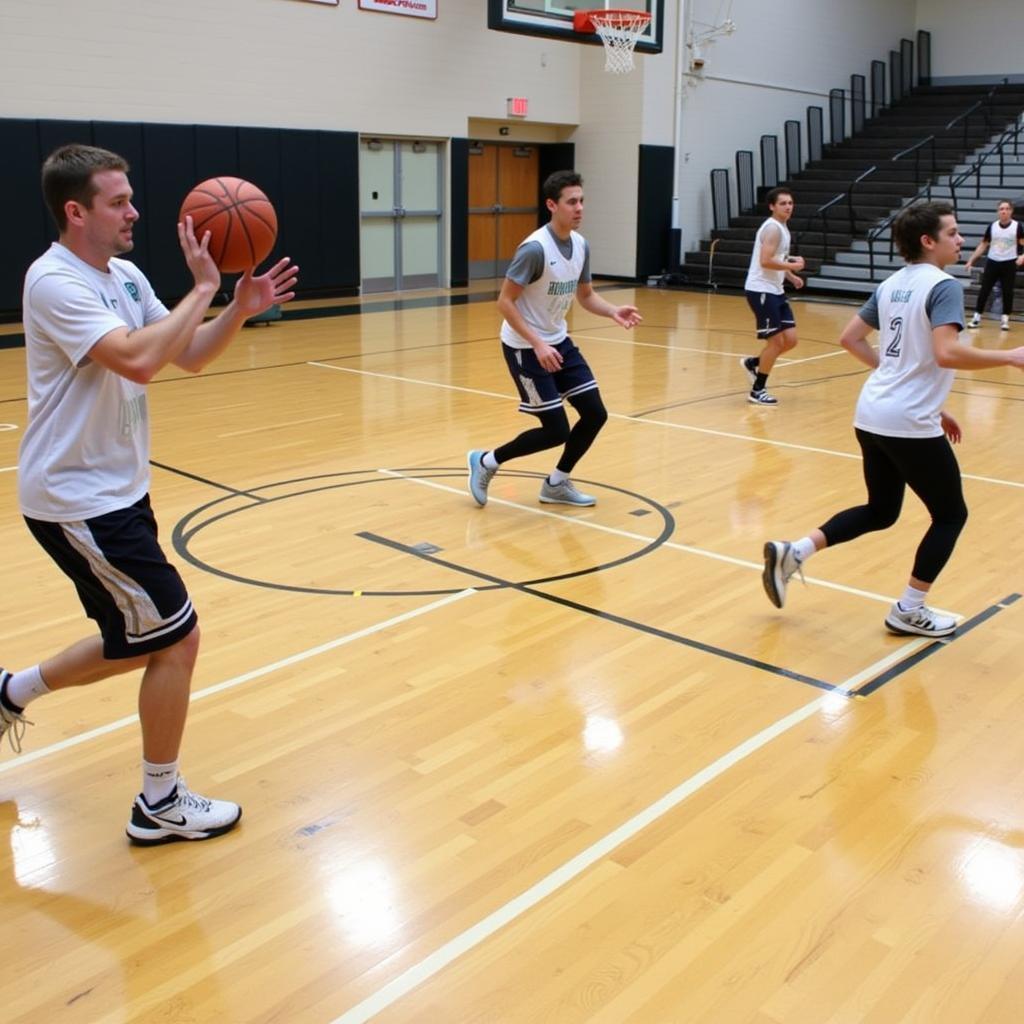 Basketball Players Practicing Double Wing Drills