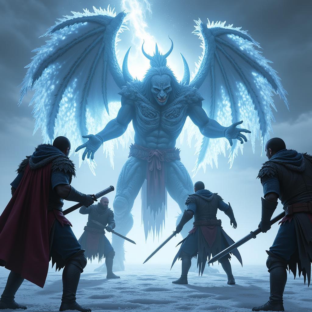 Dragon Age Inquisition Party Battling a Frost Demon