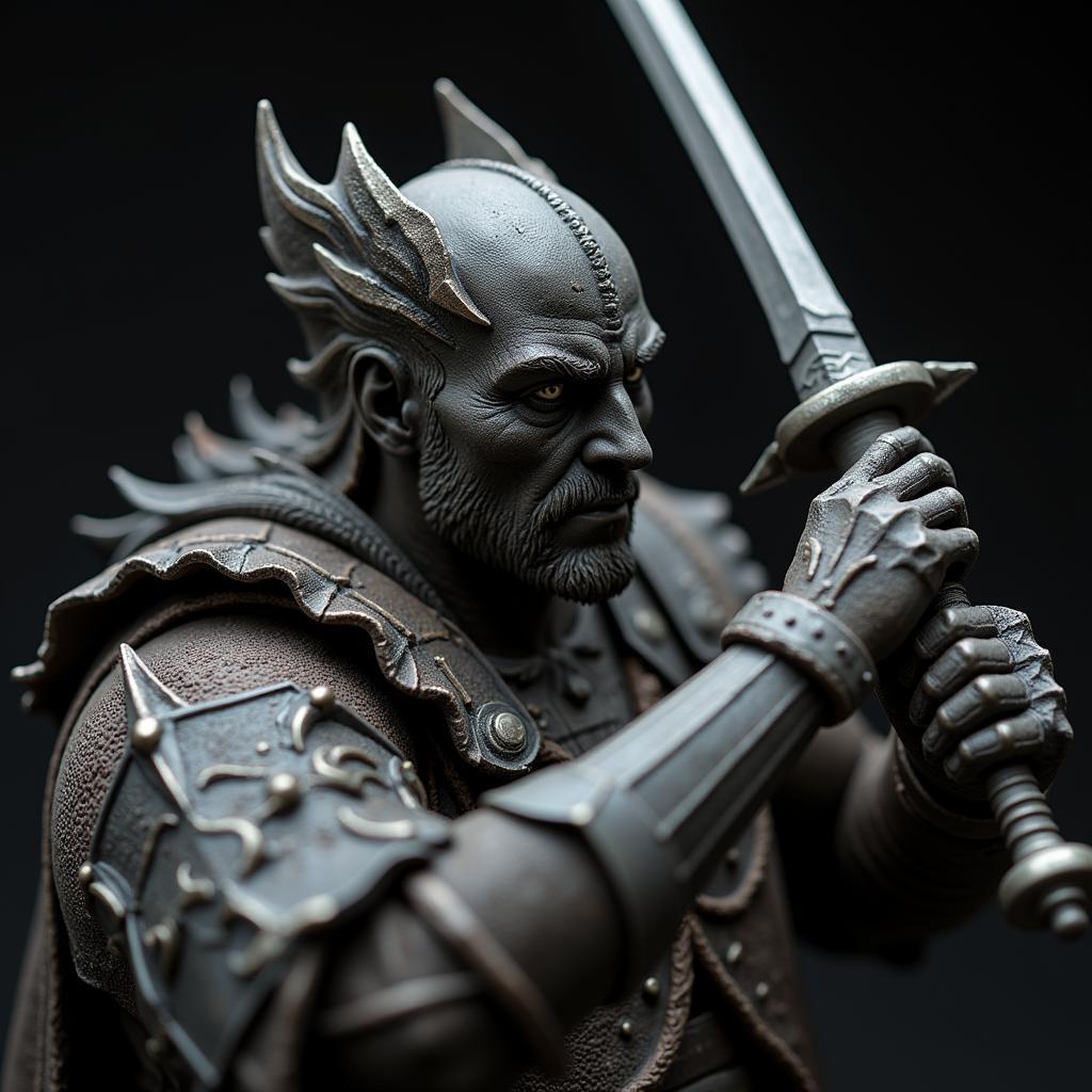 Close-up of a Dragon Age statue highlighting intricate detailing.