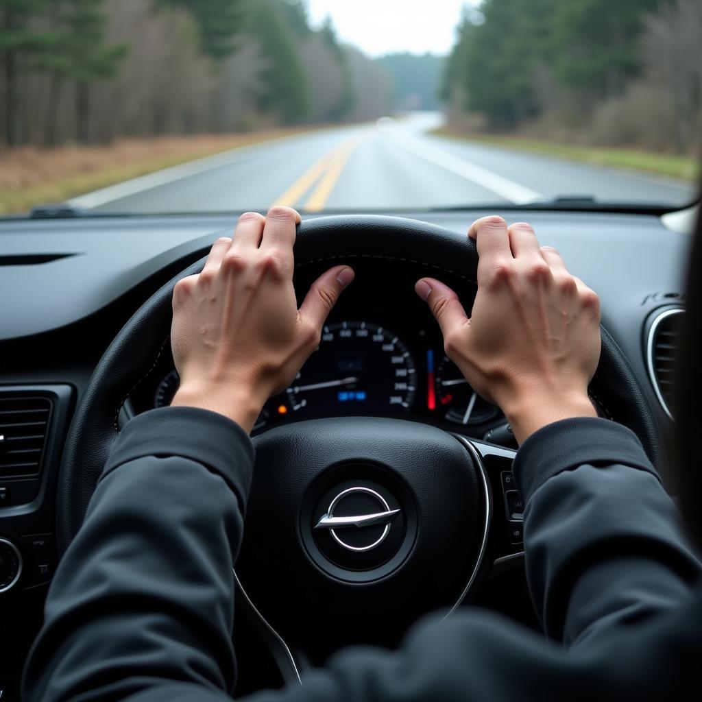 Driver's Hands Gripping Steering Wheel During Skid