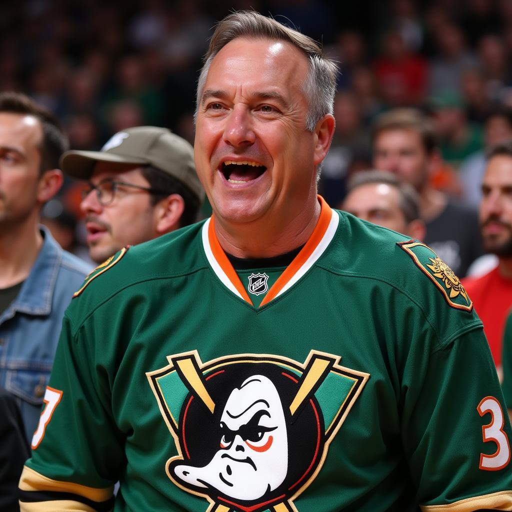 A fan proudly wearing a vintage Ducks jersey at a game