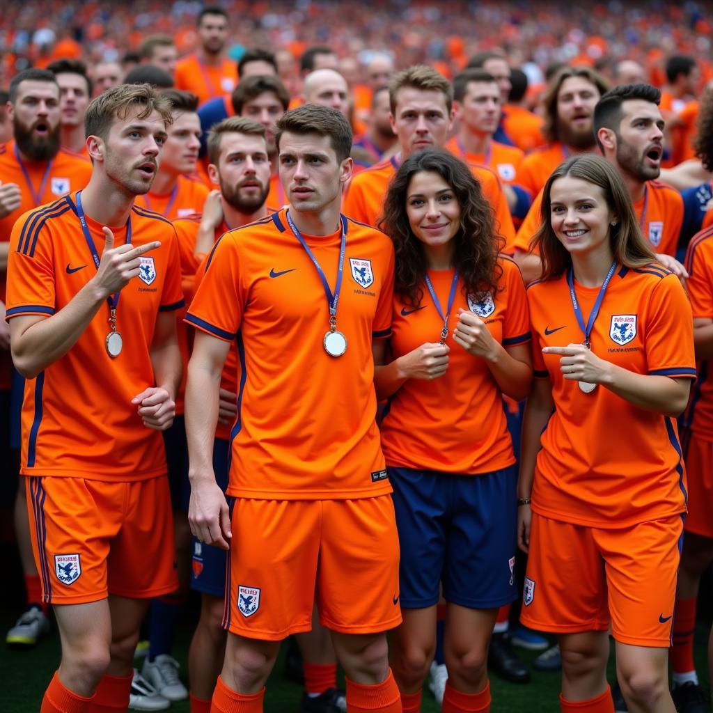 Dutch football fans wearing orange in a stadium.