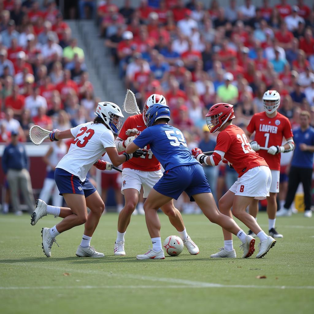 Players battling for possession during an east west lacrosse faceoff