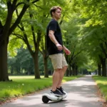 A person riding a mini hoverboard in a park