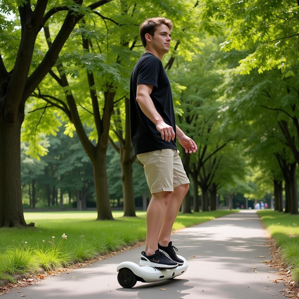 A person riding a mini hoverboard in a park