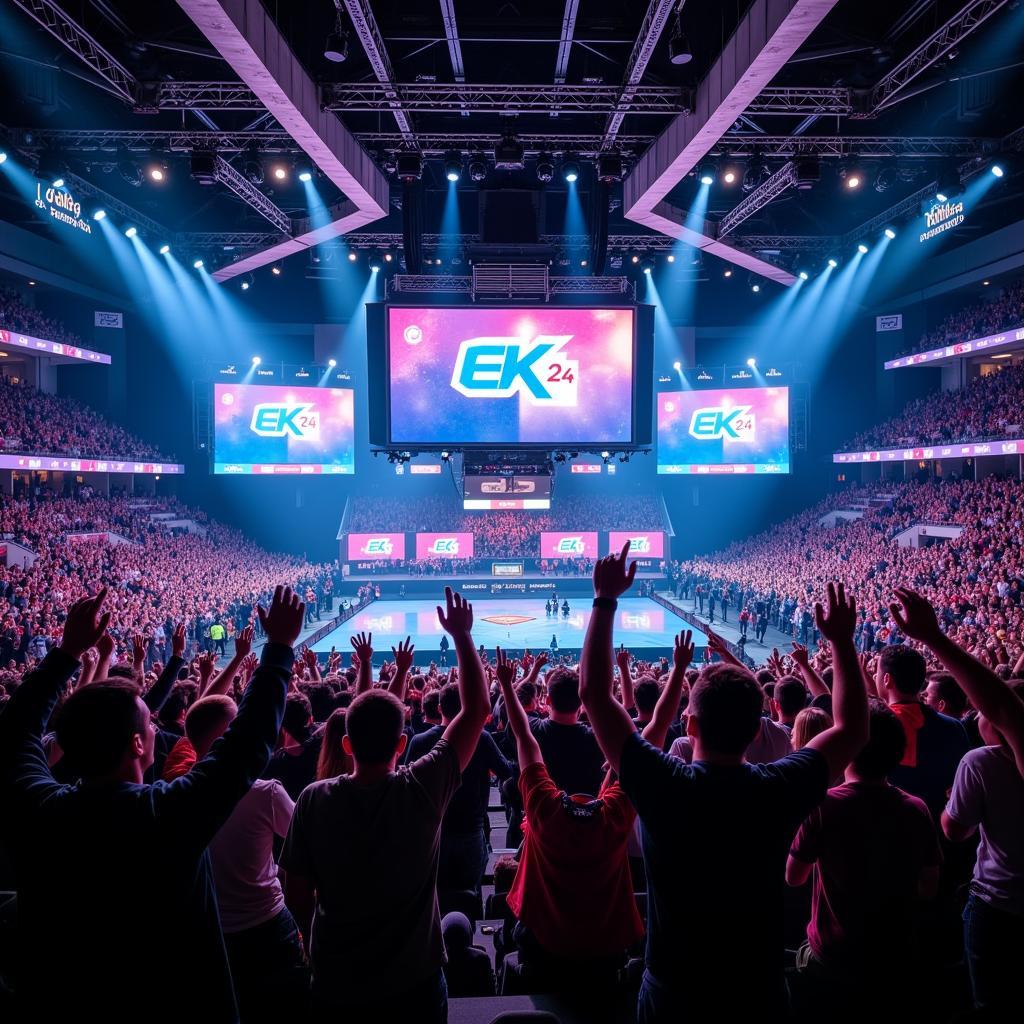 A packed esports arena with a large screen displaying "EK 24"