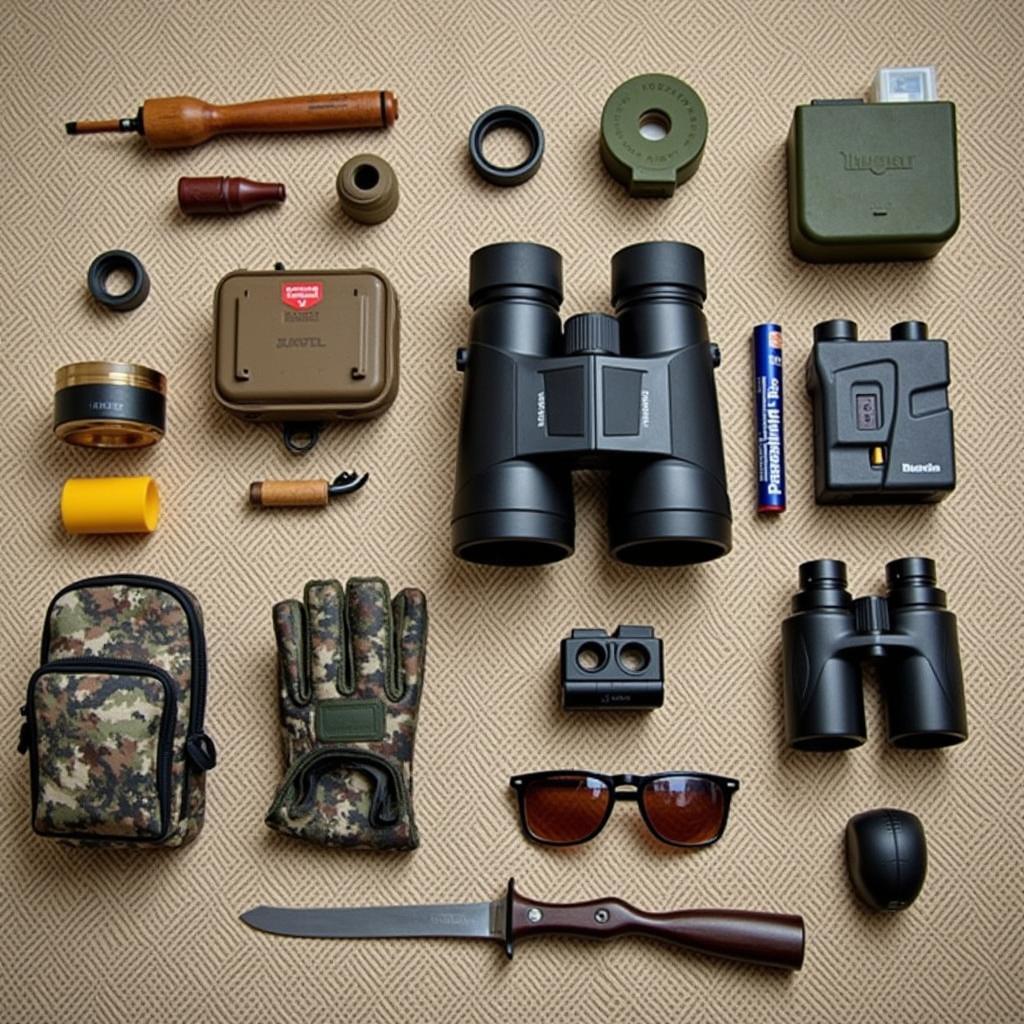 An elk hunter organized with various calls and gear