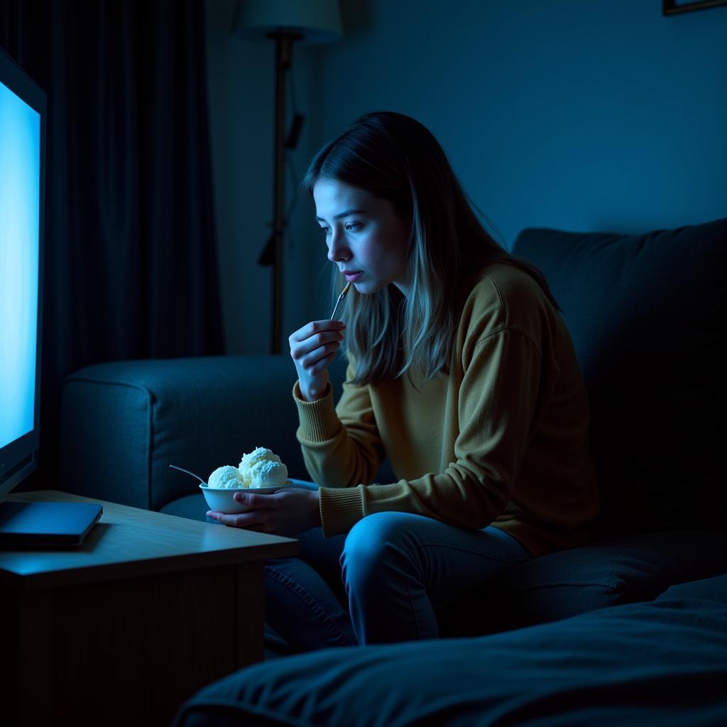 A person sitting alone on a couch at night, eating a bowl of ice cream