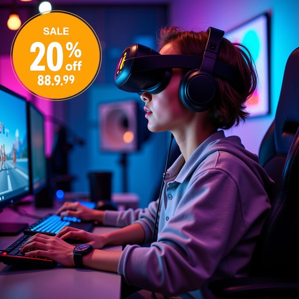 Gamer in headphones engrossed in a fast-paced video game, with a banner overlay showcasing a 20% discount on a purchase of $89.99 or more.