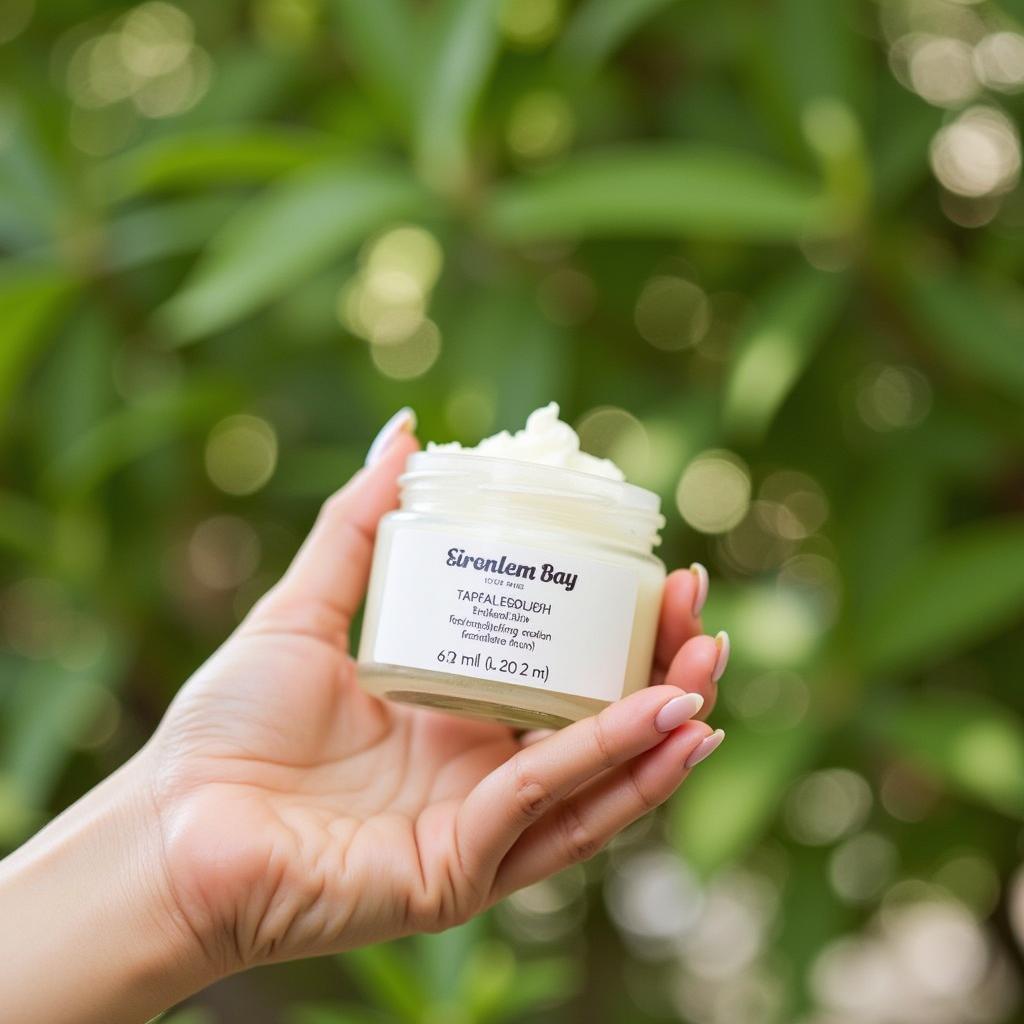 Close-up of a hand holding a jar of exfoliating face scrub.