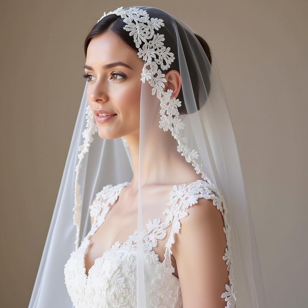 Bride wearing an extra long veil with lace appliques