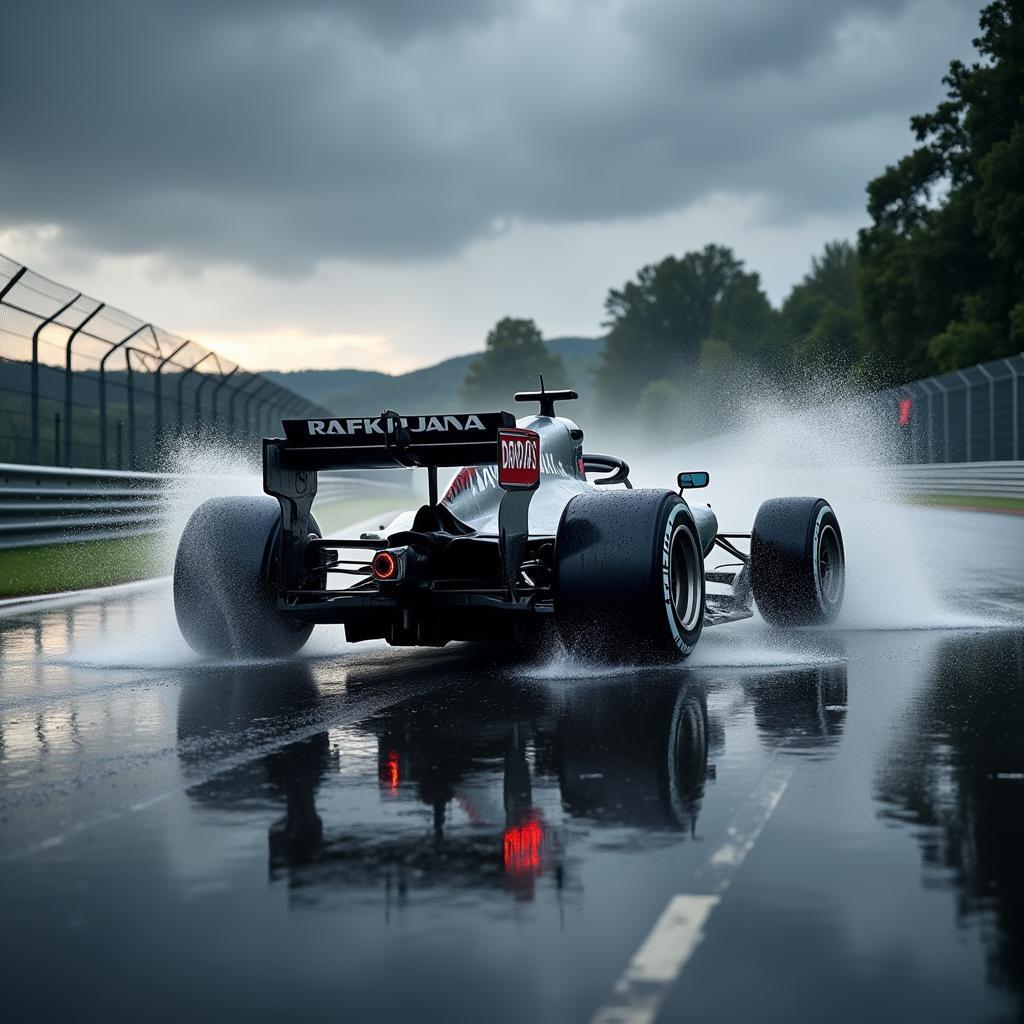 Formula 1 car racing through heavy rain