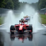 F1 Car Navigating a Wet Track