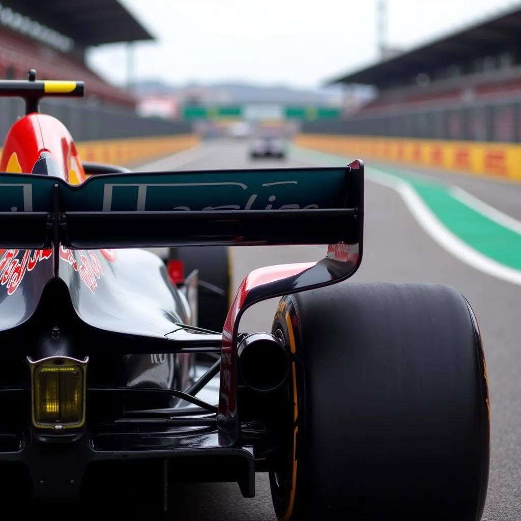 Close-up of an F1 car's rear wing with Barcelona track in the background