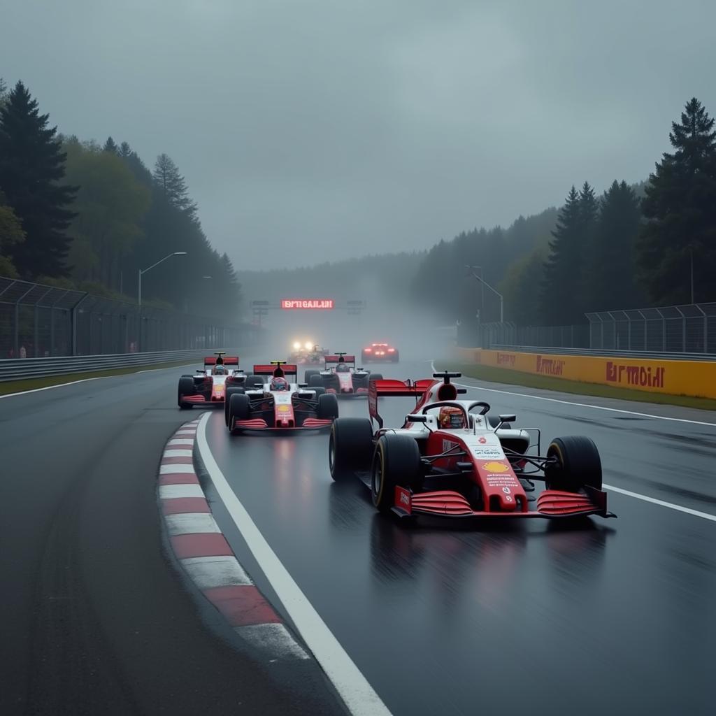 Formula 1 cars following the safety car in wet conditions