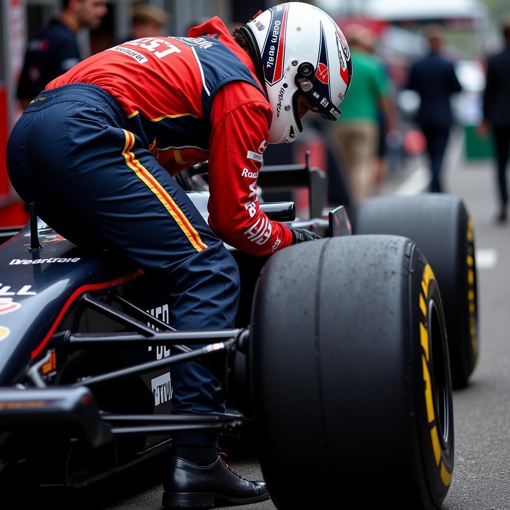 Formula 1 driver inspecting tire wear