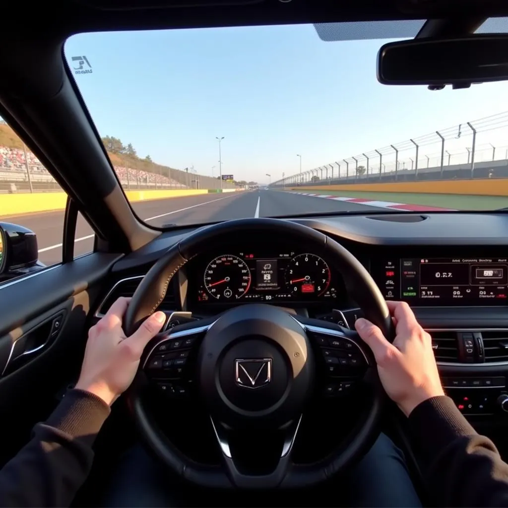 First-person perspective from an F1 driver approaching Turn 1 in Barcelona