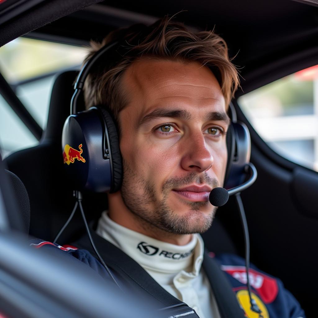 F1 driver wearing a headset during a race.