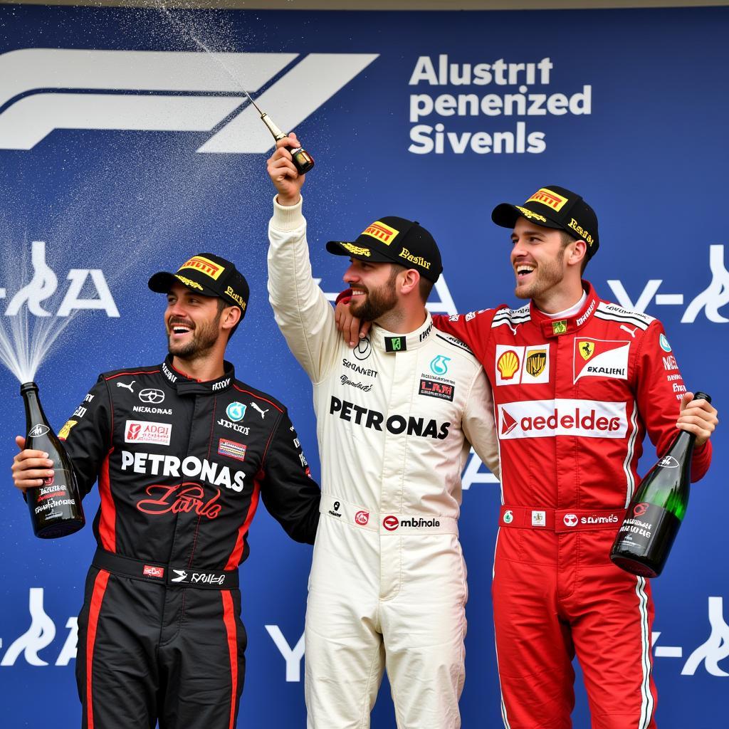 Formula One drivers celebrating on the podium