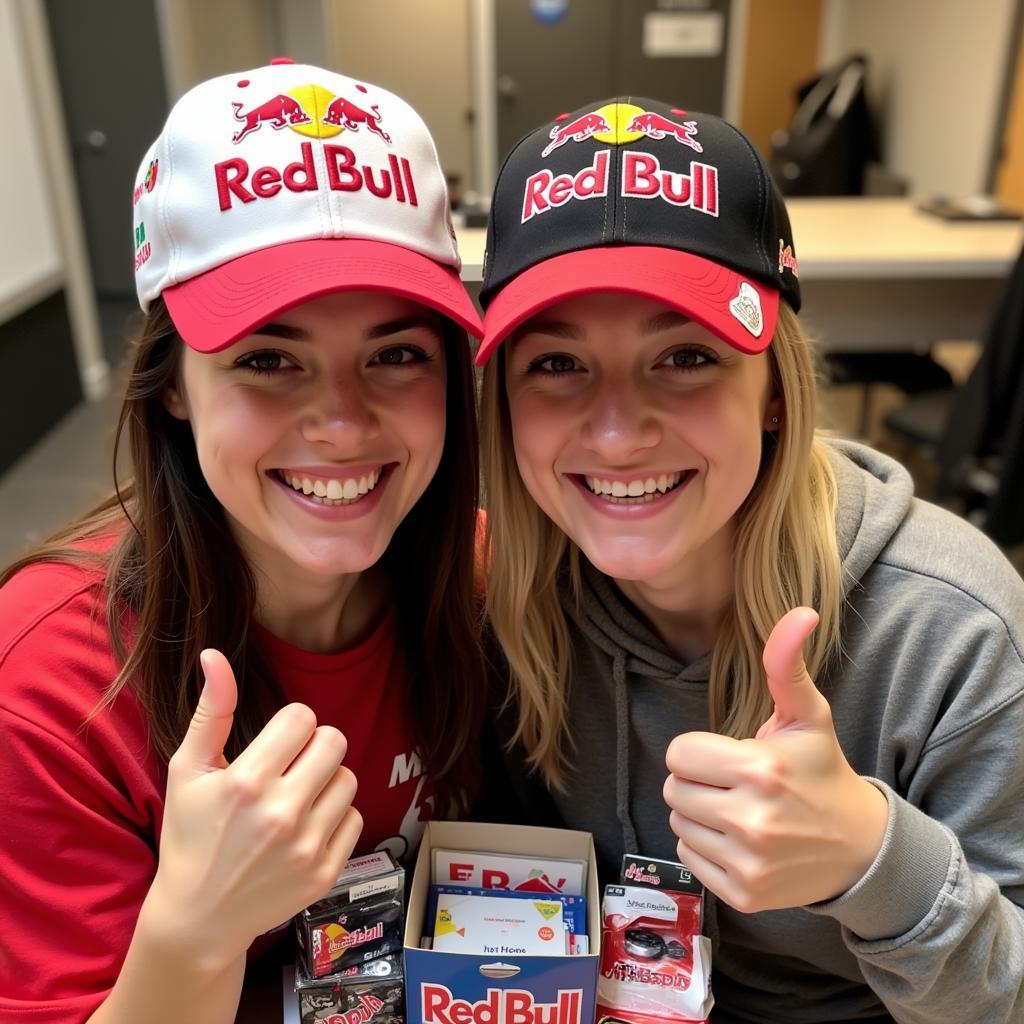 Two friends wearing F1 merchandise from their mystery box