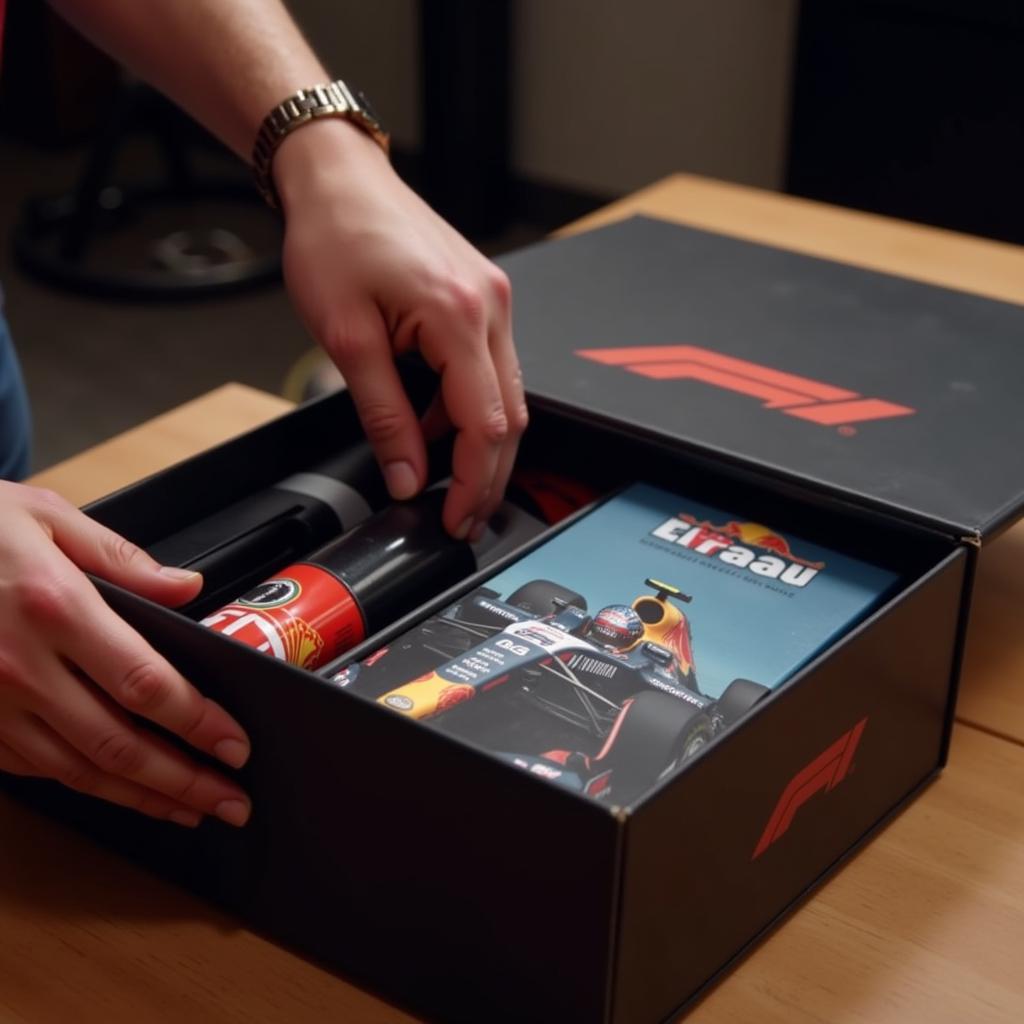 F1 fan unboxing a mystery box