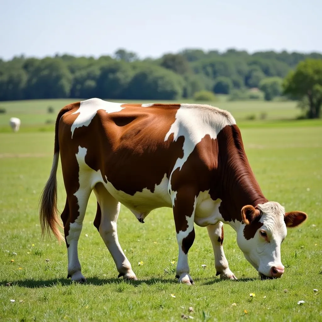 F1 Tiger Stripe bull grazing peacefully in a green pasture