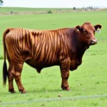 F1 Tiger Stripe bull with distinct stripes standing in a field