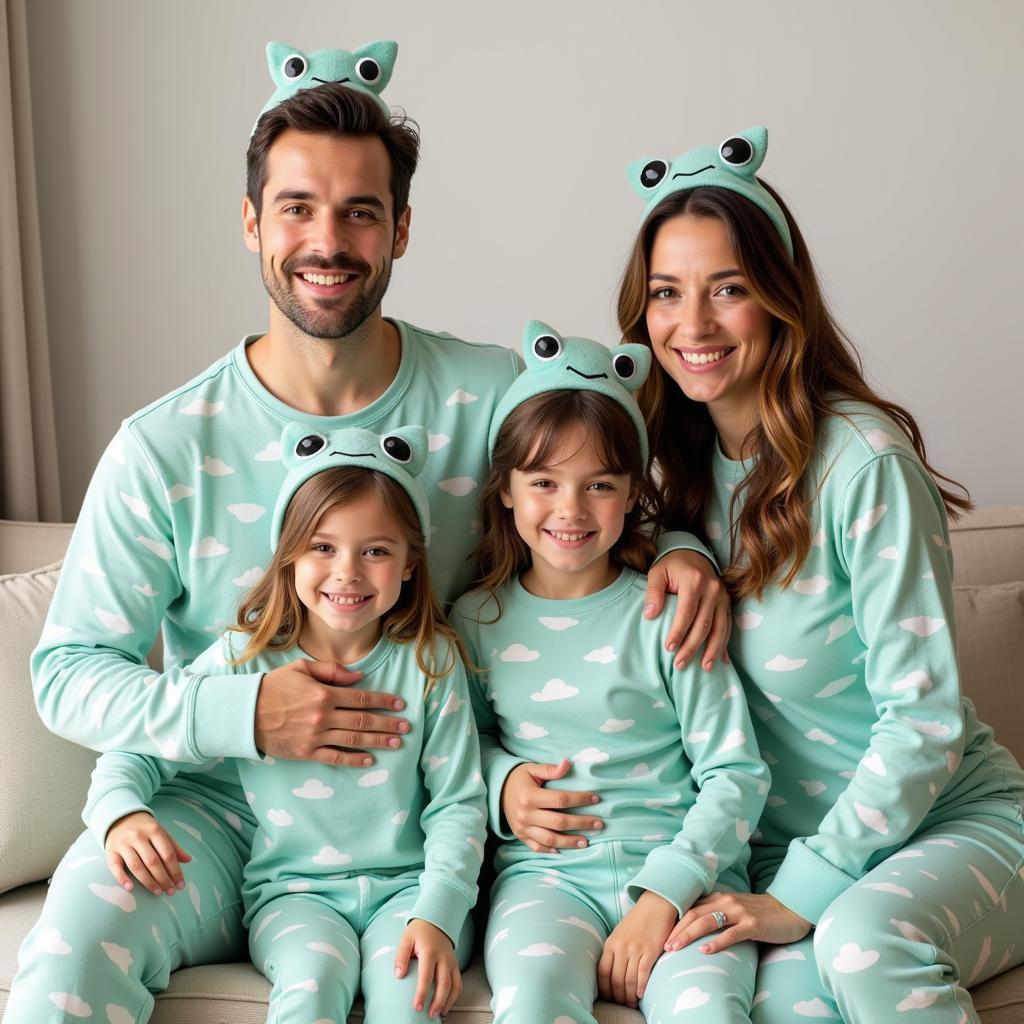 Family wearing matching alien pyjamas