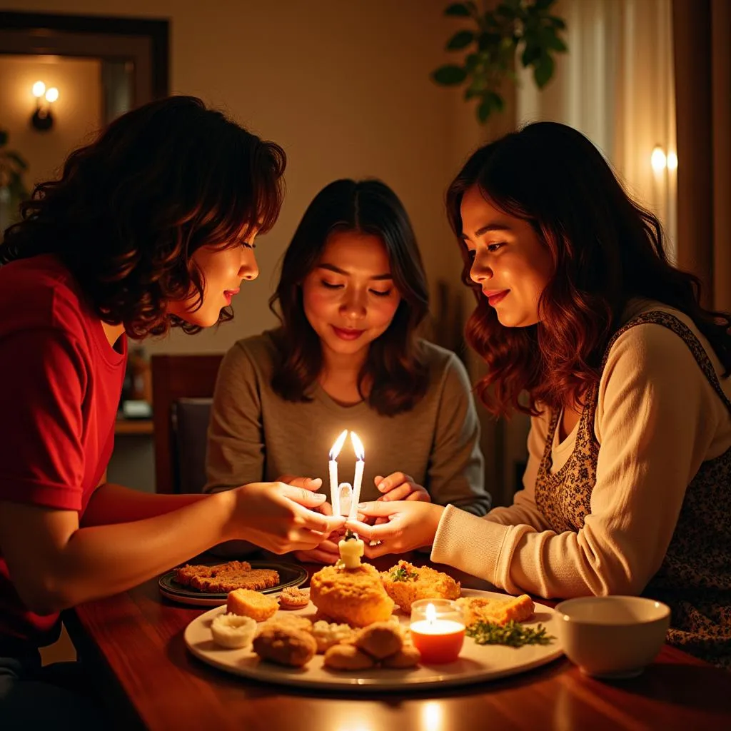 Family gathered around an ofrenda during Dia de Los Muertos