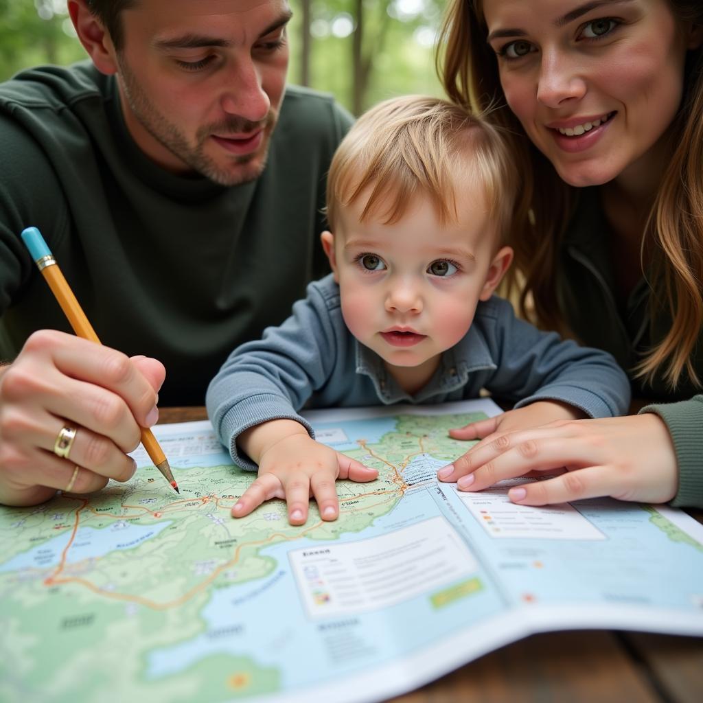 Family Choosing Campsite on Map