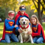 Family Dressed as Superheroes with Dog