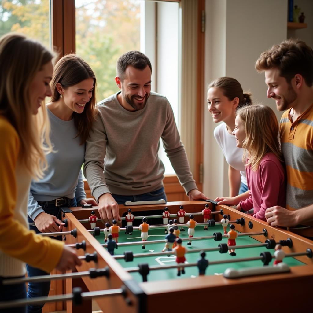 A family enjoying a fun game of foosball together