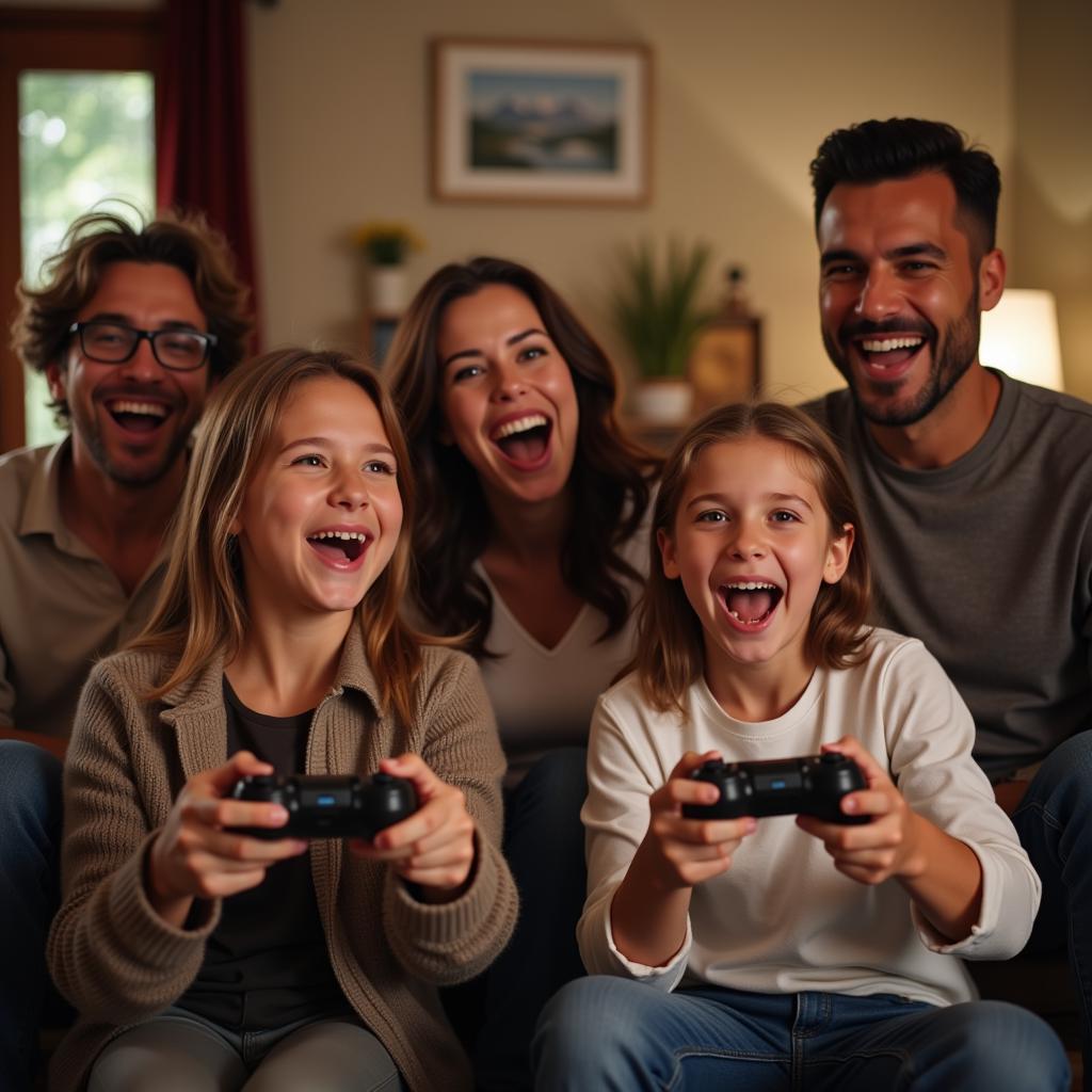 Family enjoying video games together in the living room.