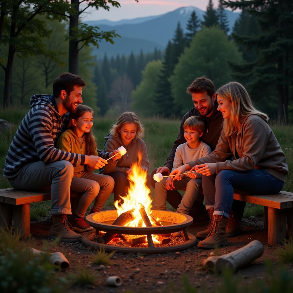 Family gathered around campfire benches, roasting marshmallows