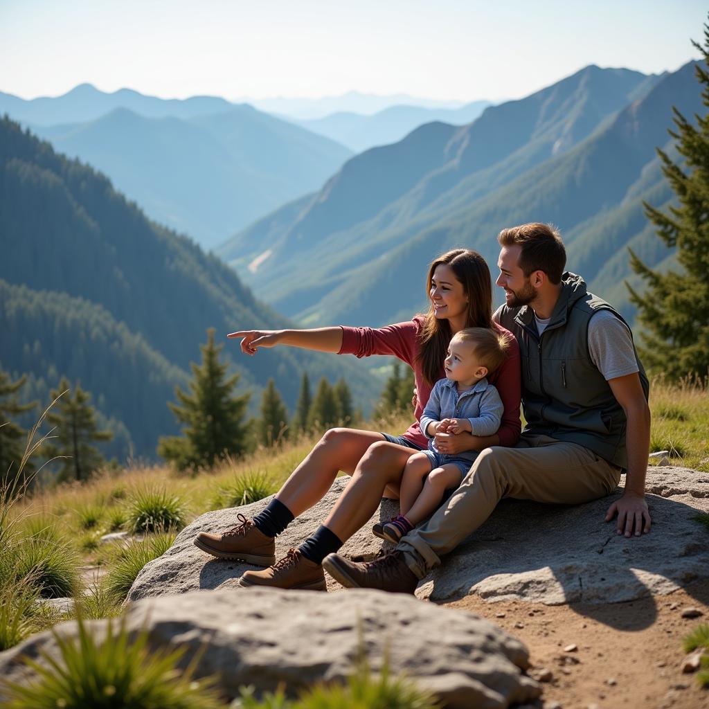 Family taking a break on a hiking trail