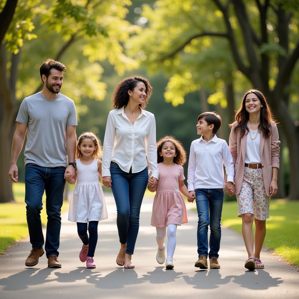 Family of seven walking towards camera for dynamic portrait