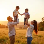 Family playfully posing in a field during a photoshoot