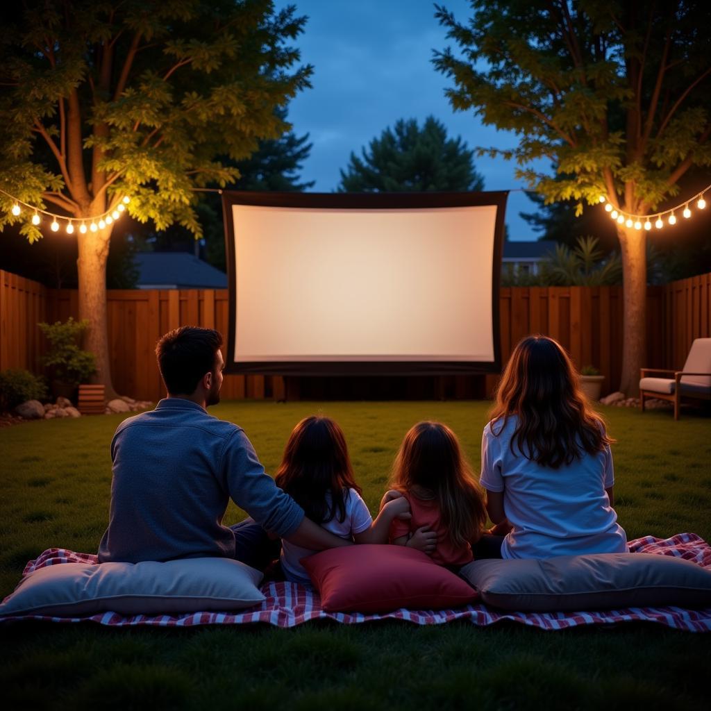 Family enjoying a movie night in their backyard