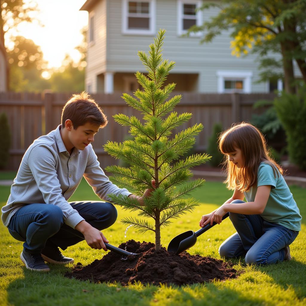 Family planting a Christmas tree